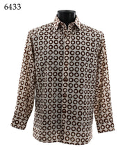 Bassiri Long Sleeve Button Down Casual Printed Men's Shirt - Circle Pattern Brown #6433