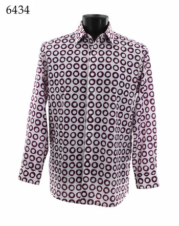 Bassiri Long Sleeve Button Down Casual Printed Men's Shirt - Circle Pattern Purple #6434