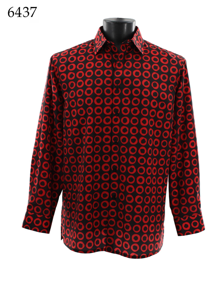 Bassiri Long Sleeve Button Down Casual Printed Men's Shirt - Circle Pattern Red #6437