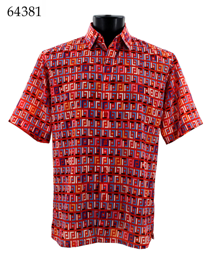 Bassiri Short Sleeve Button Down Casual Printed Men's Shirt - Geometric Pattern Red #64381