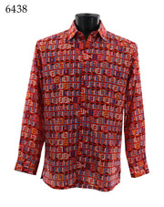 Bassiri Long Sleeve Button Down Casual Printed Men's Shirt - Geometric Pattern Red #6438