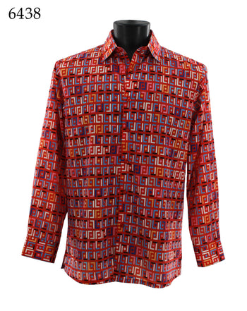 Bassiri Long Sleeve Button Down Casual Printed Men's Shirt - Geometric Pattern Red #6438