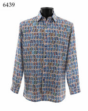 Bassiri Long Sleeve Button Down Casual Printed Men's Shirt - Geometric Pattern Blue #6439