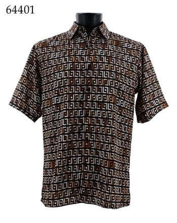 Bassiri Short Sleeve Button Down Casual Printed Men's Shirt - Geometric Pattern Brown #64401