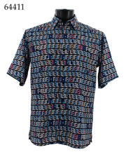 Bassiri Short Sleeve Button Down Casual Printed Men's Shirt - Geometric Pattern Navy #64411