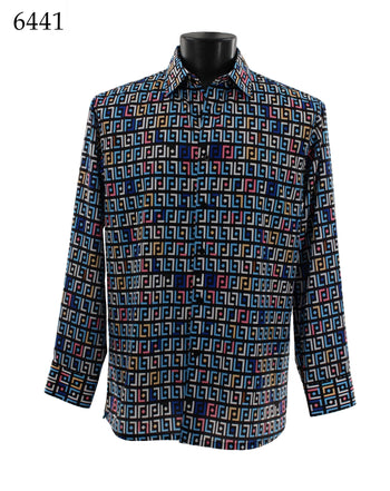 Bassiri Long Sleeve Button Down Casual Printed Men's Shirt - Geometric Pattern Navy #6441