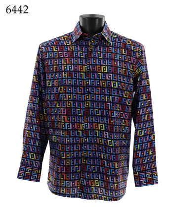 Bassiri Long Sleeve Button Down Casual Printed Men's Shirt - Geometric Pattern Multi #6442