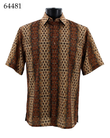 Bassiri Short Sleeve Button Down Casual Printed Men's Shirt - Circle Stripe Pattern Rust #64481