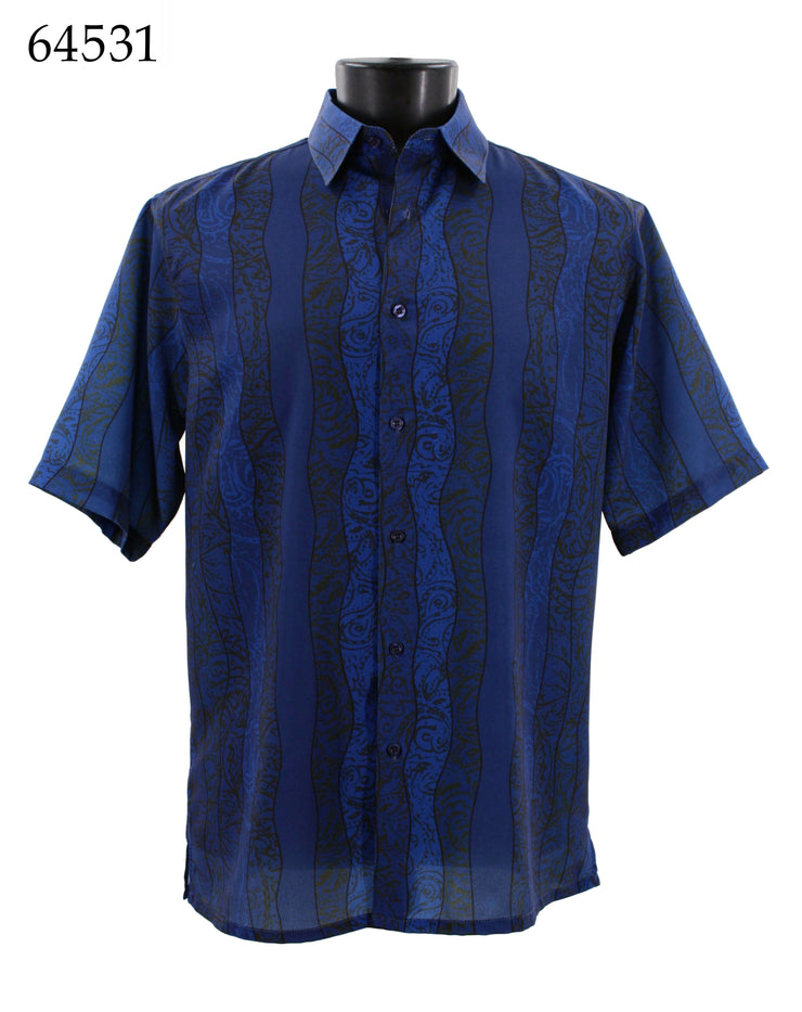 Bassiri Short Sleeve Button Down Casual Printed Men's Shirt - Wave Pattern Navy #64531