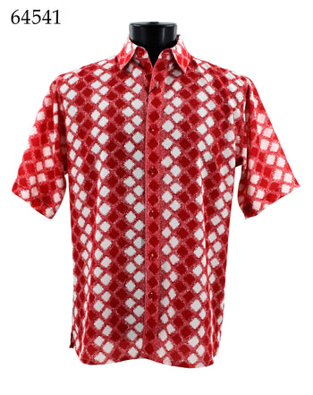 Bassiri Short Sleeve Button Down Casual Printed Men's Shirt - Harlequin Pattern Red #64541