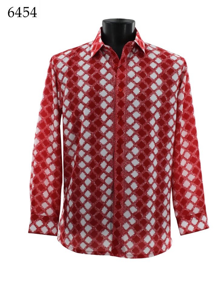 Bassiri Long Sleeve Button Down Casual Printed Men's Shirt - Harlequin Pattern Red #6454