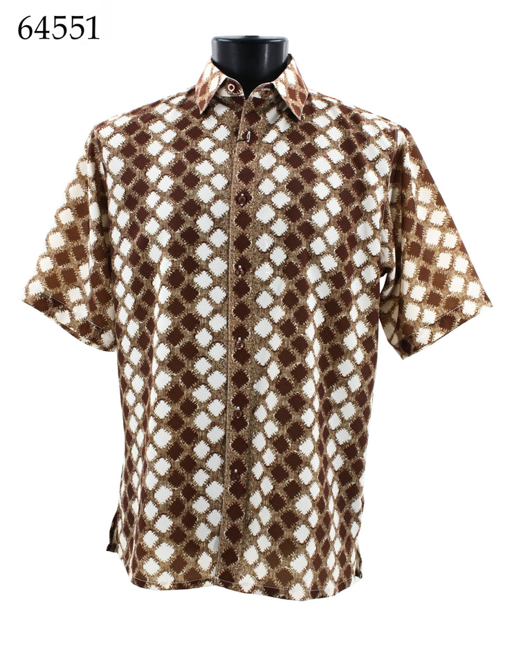 Bassiri Short Sleeve Button Down Casual Printed Men's Shirt - Harlequin Pattern Brown #64551