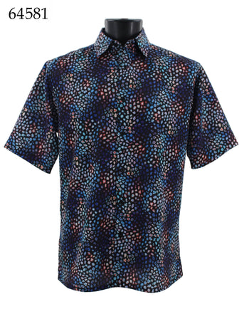 Bassiri Short Sleeve Button Down Casual Printed Men's Shirt - Cheetah Pattern Navy #64581
