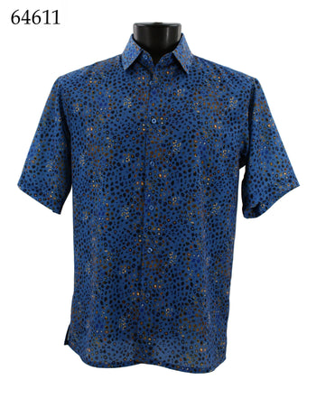 Bassiri Short Sleeve Button Down Casual Printed Men's Shirt - Cheetah Pattern Blue #64611