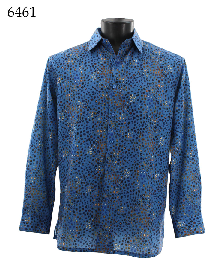 Bassiri Long Sleeve Button Down Casual Printed Men's Shirt - Cheetah Pattern Blue #6461