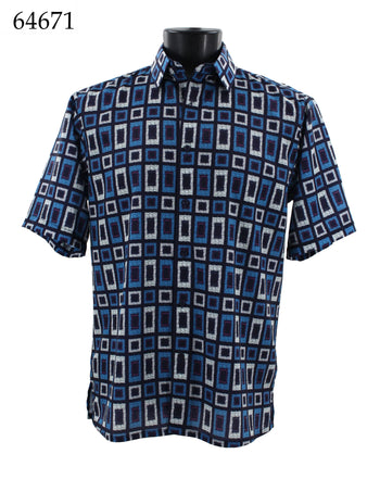 Bassiri Short Sleeve Button Down Casual Printed Men's Shirt - Geometric Pattern Blue #64671