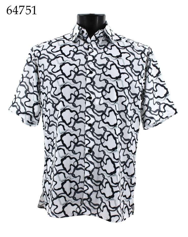 Bassiri Short Sleeve Button Down Casual Printed Men's Shirt - Squiggles Pattern Grey #64751