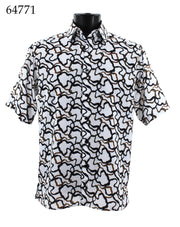 Bassiri Short Sleeve Button Down Casual Printed Men's Shirt - Squiggles Pattern Gold #64771