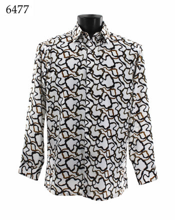 Bassiri Long Sleeve Button Down Casual Printed Men's Shirt - Squiggles Pattern Gold #6477