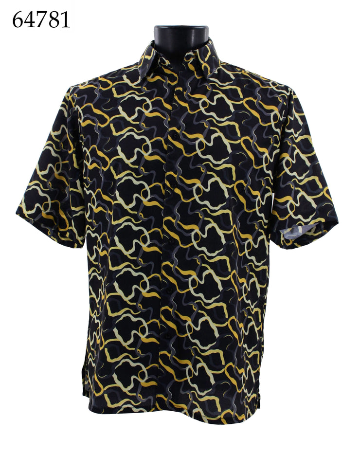 Bassiri Short Sleeve Button Down Casual Printed Men's Shirt - Squiggles Pattern Yellow #64781