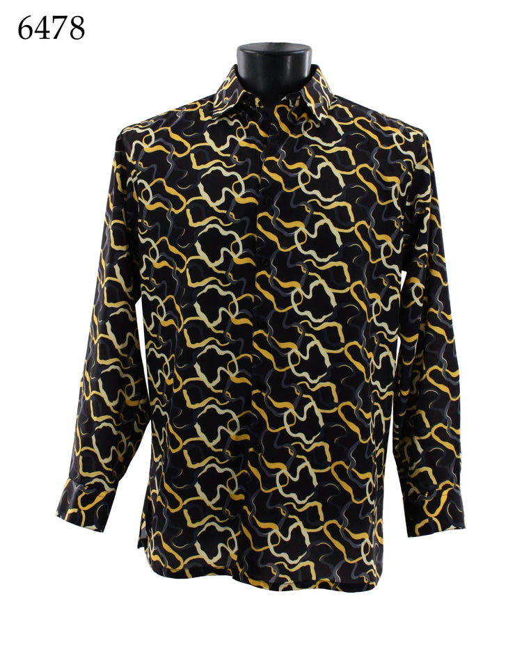 Bassiri Long Sleeve Button Down Casual Printed Men's Shirt - Squiggles Pattern Yellow #6478