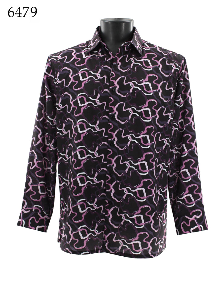 Bassiri Long Sleeve Button Down Casual Printed Men's Shirt - Squiggles Pattern Purple #6479