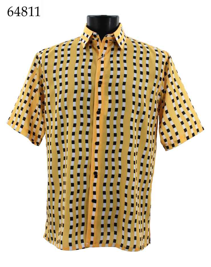 Bassiri Short Sleeve Button Down Casual Printed Men's Shirt - Stripe Pattern Yellow #64811