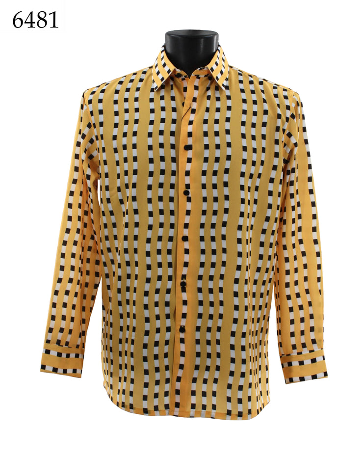 Bassiri Long Sleeve Button Down Casual Printed Men's Shirt - Stripe Pattern Yellow #6481