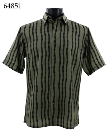 Bassiri Short Sleeve Button Down Casual Printed Men's Shirt - Stripe Pattern Olive #64851