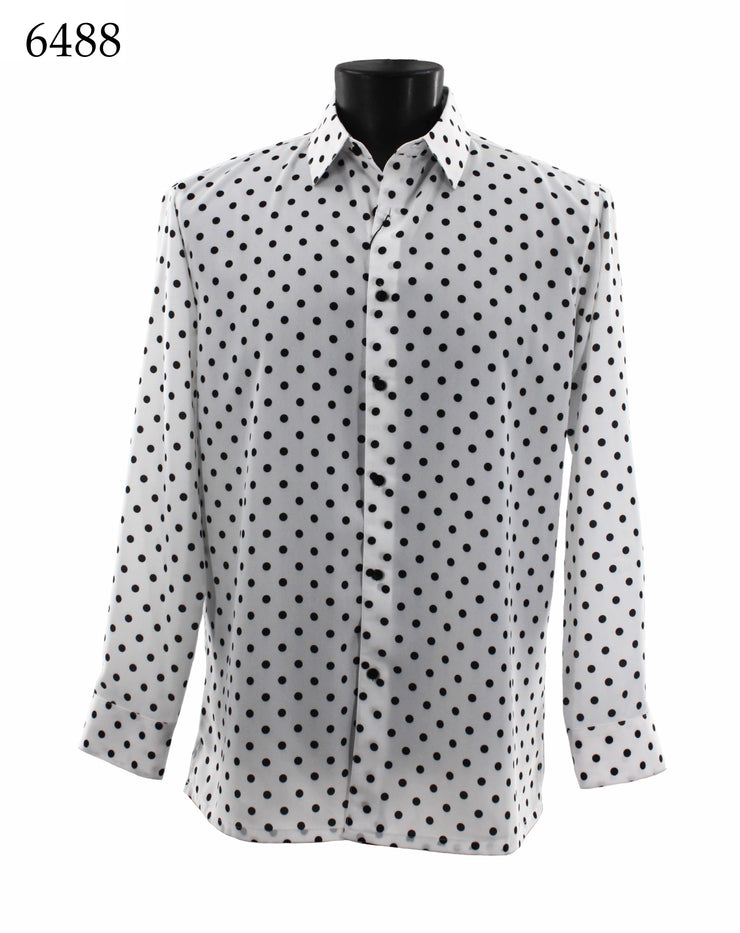 Bassiri Long Sleeve Button Down Casual Printed Men's Shirt - Polka Dot Pattern White #6488