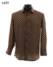 Bassiri Long Sleeve Button Down Casual Printed Men's Shirt - Polka Dot Pattern Brown #6489