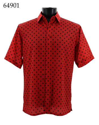 Bassiri Short Sleeve Button Down Casual Printed Men's Shirt - Polka Dot Pattern Red #64901