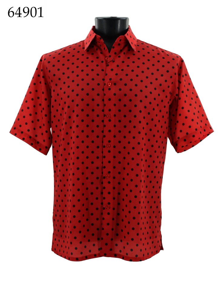 Bassiri Short Sleeve Button Down Casual Printed Men's Shirt - Polka Dot Pattern Red #64901