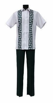 Bassiri 2pc Set Men's Short Sleeve Walking Suit - Greek Key Pattern White & Emerald Green #A 135