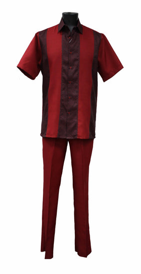 Bassiri 2pc Set Men's Short Sleeve Walking Suit - Square Swirl Pattern Red #A 137