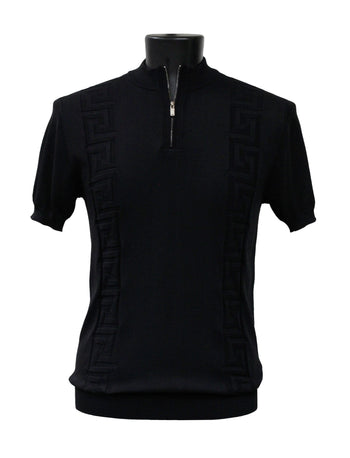 Bassiri Men's Zip Short Sleeve Sweater - Greek Key Pattern Black #Q 126
