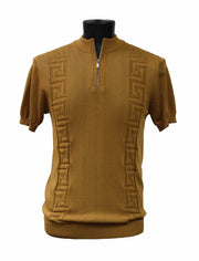 Bassiri Men's Zip Short Sleeve Sweater - Greek Key Pattern Gold #Q 126