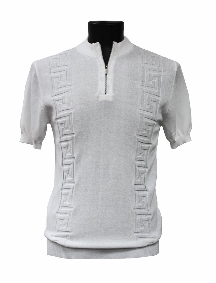 Bassiri Men's Zip Short Sleeve Sweater - Greek Key Pattern White #Q 126