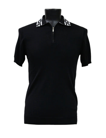 Bassiri Men's Zip Polo Short Sleeve Sweater - Greek Key Pattern Black #Q 127