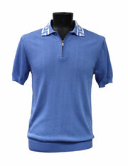 Bassiri Men's Zip Polo Short Sleeve Sweater - Greek Key Pattern Blue #Q 127