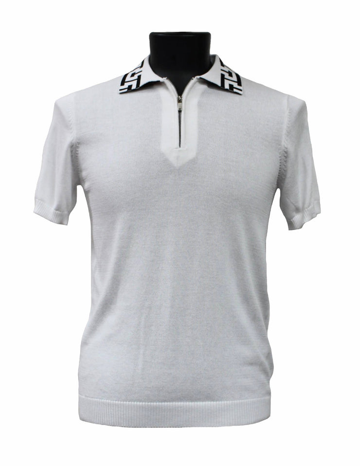 Bassiri Men's Zip Polo Short Sleeve Sweater - Greek Key Pattern White #Q 127