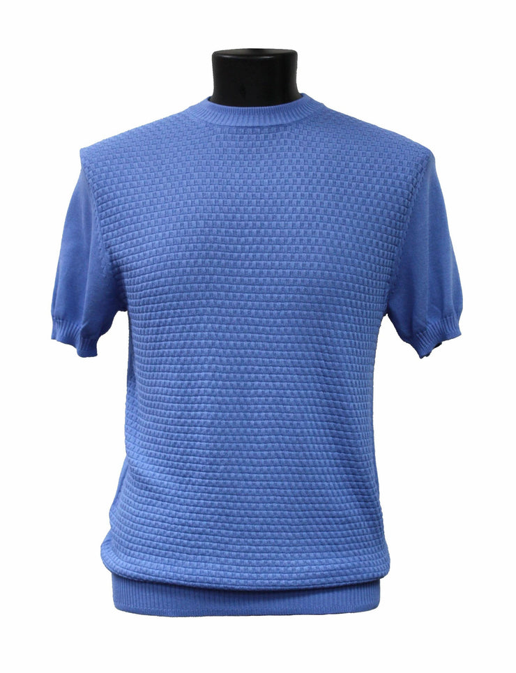 Bassiri Men's Round Neck Short Sleeve Sweater - Jacquard Squares Pattern Blue #Q 131