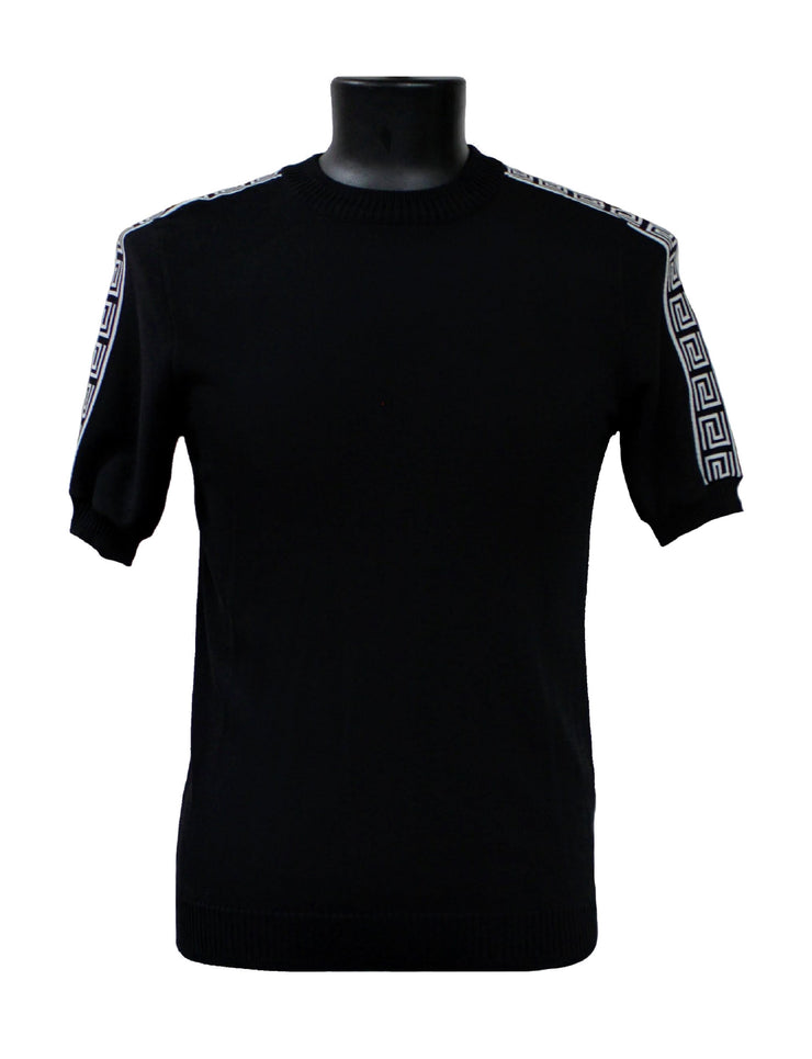 Bassiri Men's Round Neck Short Sleeve Sweater - Greek Key Pattern Black #Q 132