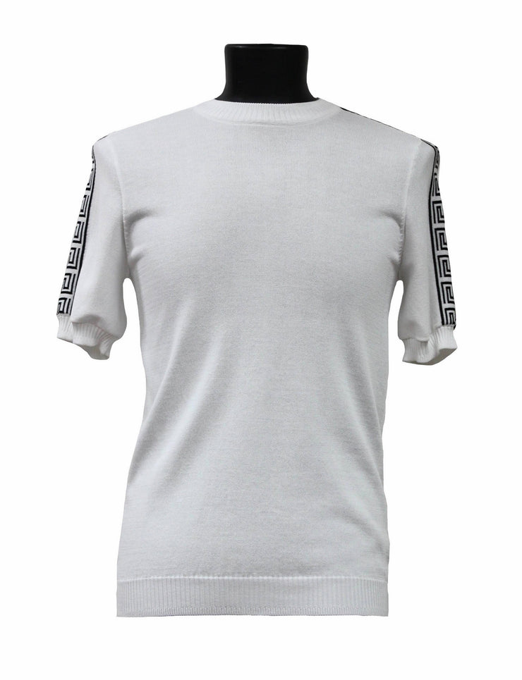 Bassiri Men's Round Neck Short Sleeve Sweater - Greek Key Pattern White #Q 132