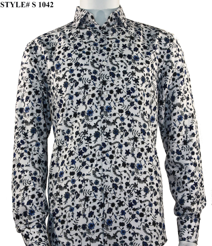 Sangi Long Sleeve Button Down Printed Men's Shirt - Floral Pattern Blue #S 1042