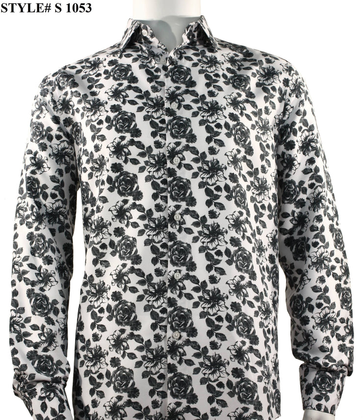 Sangi Long Sleeve Button Down Printed Men's Shirt - Floral Pattern Black #S 1053
