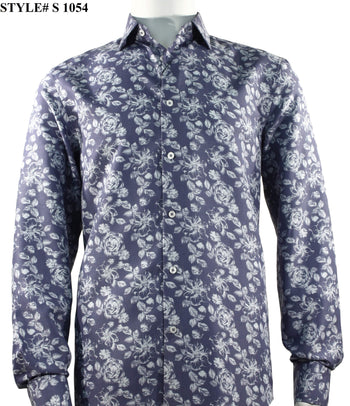 Sangi Long Sleeve Button Down Printed Men's Shirt - Floral Pattern Blue #S 1054