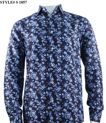 Sangi Long Sleeve Button Down Printed Men's Shirt - Floral Pattern Navy #S 1057