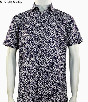 Sangi Short Sleeve Button Down Printed Men's Shirt - Floral Pattern Navy #S 2027