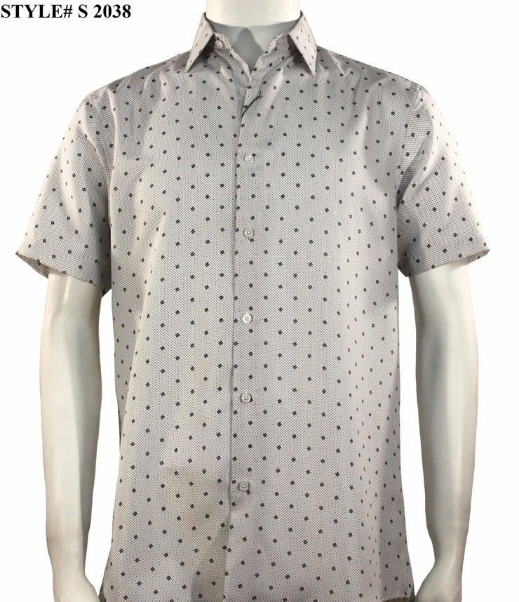 Sangi Short Sleeve Button Down Printed Men's Shirt - Diamonds Pattern White #S 2038